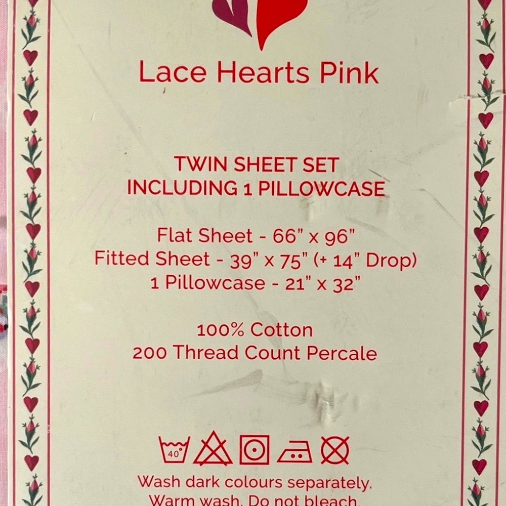 Cath Kidston "Twin Sheet Set in Lace hearts on Pink" NWT - Picture 2 of 7